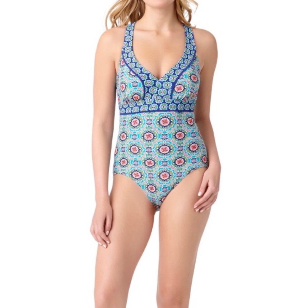 Catalina Blue and Pink Patterned One Piece Swimsuit